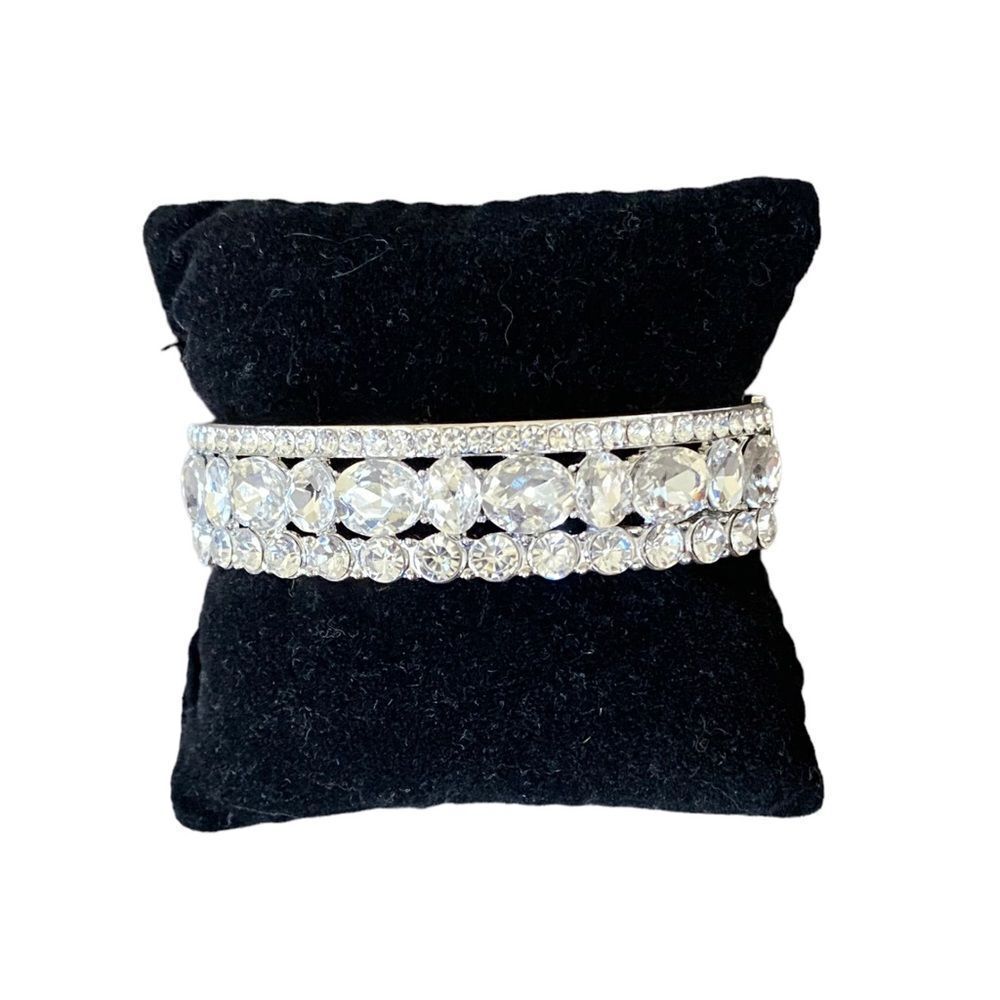 Multi Shape Rhinestone Hinged Bangle Bracelet Sil… - image 2